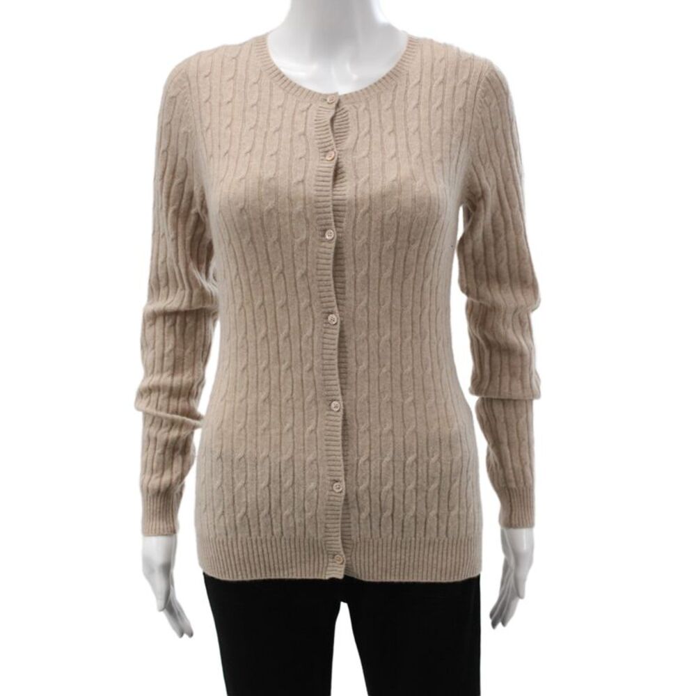 Kier + J Women Beige Cashmere Virgin Wool Silk Button Crew Neck Cardigan Size S